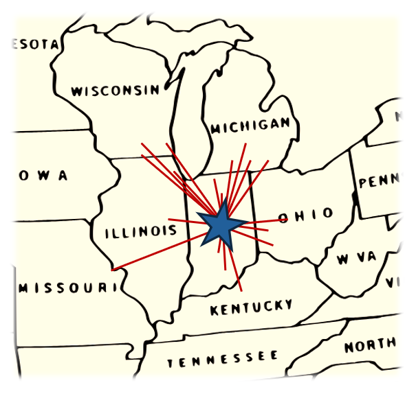 Map of the central Midwest with Indianapolis centered and marked with a blue star. From the star are red spokes connecting to points that represent local singings in the states surrounding Indiana.