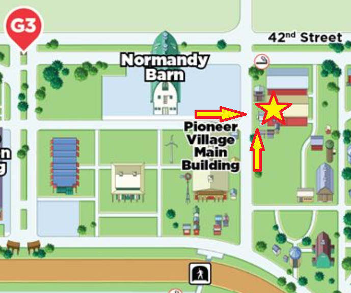 Map of the Indiana State Fair showing that the Pioneer Village Opry House is most easily accessed from Gate G3, near the Indiana School for the Deaf Parking Lot. The Opry House is to the northeast of the Pioneer Village main building.
